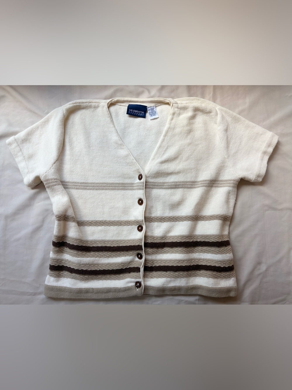 Vintage 90’s Liz Claiborne Cream Button Cardigan with Brown Stripes 100% cotton
